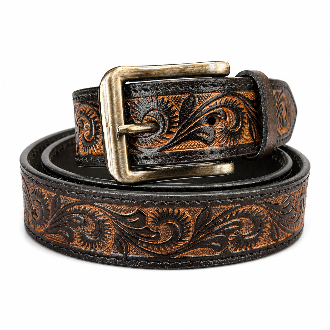 Unisex Genuine Leather Belt Vintage Handcrafted Embossed Design with Antique Brass Buckle | Durable Casual & Formal Waist Belt