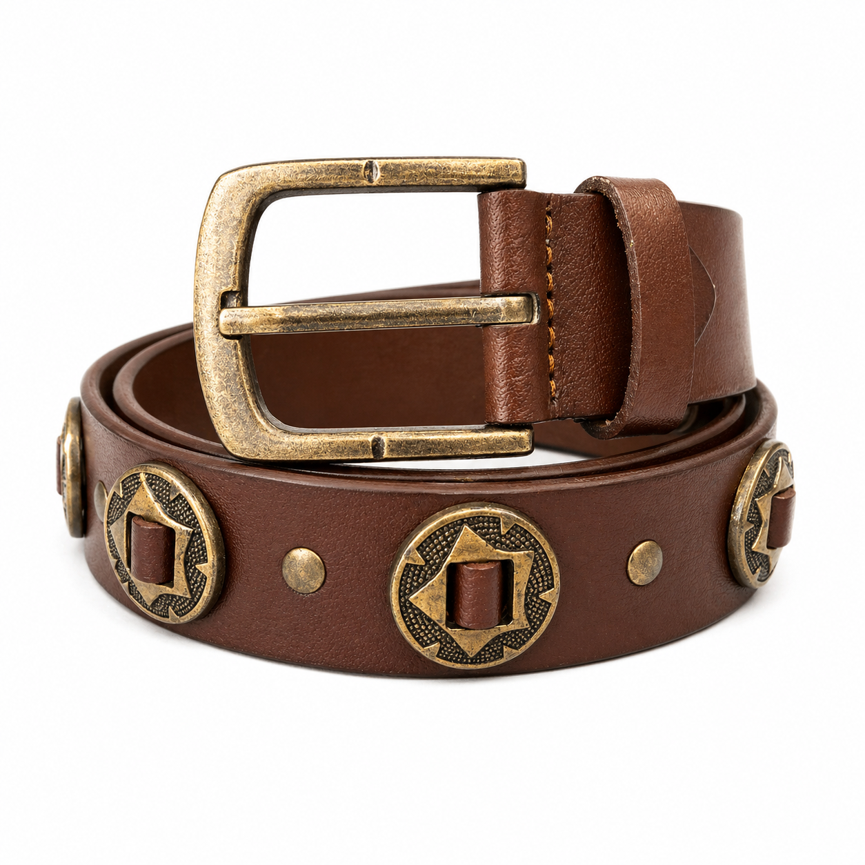 Unisex Genuine Leather Studded Belt Vintage Brown Leather Belt with Antique Brass Rivets & Buckle Stylish Casual & Designer Belt
