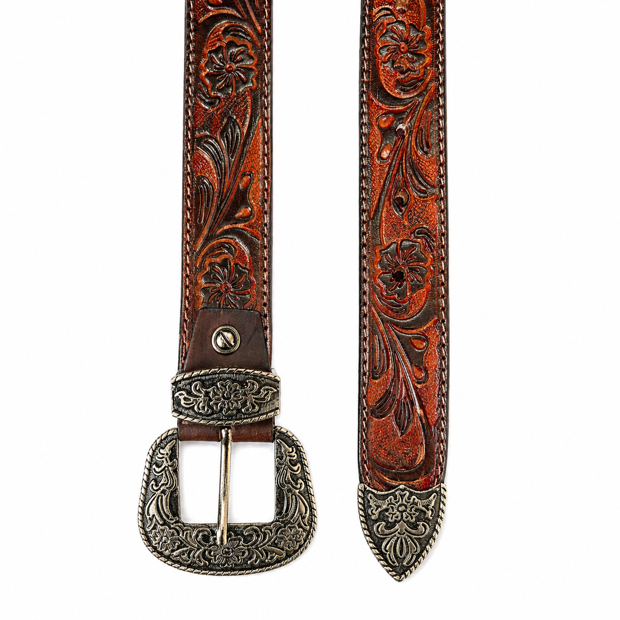 Luxury Handcrafted Genuine Leather Belt Vintage Floral Embossed Brown Leather Casual & Western Style Belt