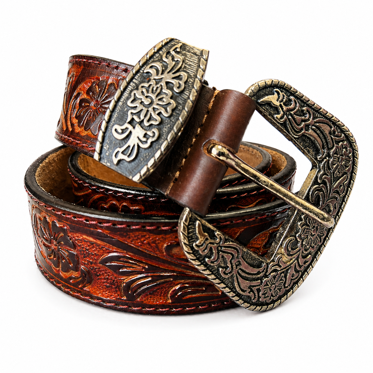 Luxury Handcrafted Genuine Leather Belt Vintage Floral Embossed Brown Leather Casual & Western Style Belt