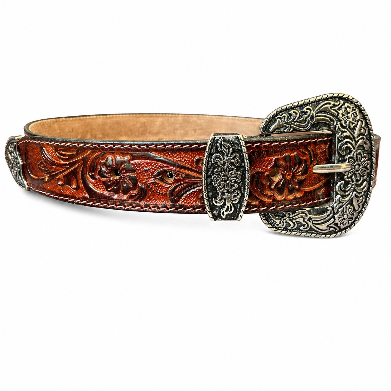 Luxury Handcrafted Genuine Leather Belt Vintage Floral Embossed Brown Leather Casual & Western Style Belt