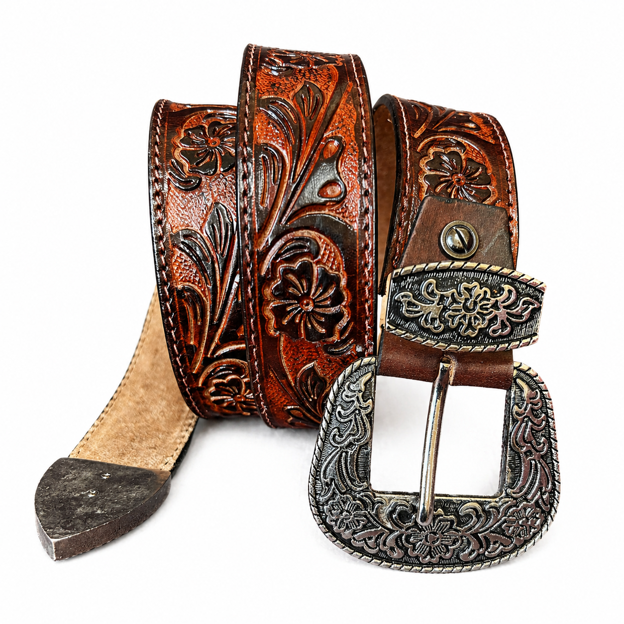 Luxury Handcrafted Genuine Leather Belt Vintage Floral Embossed Brown Leather Casual & Western Style Belt