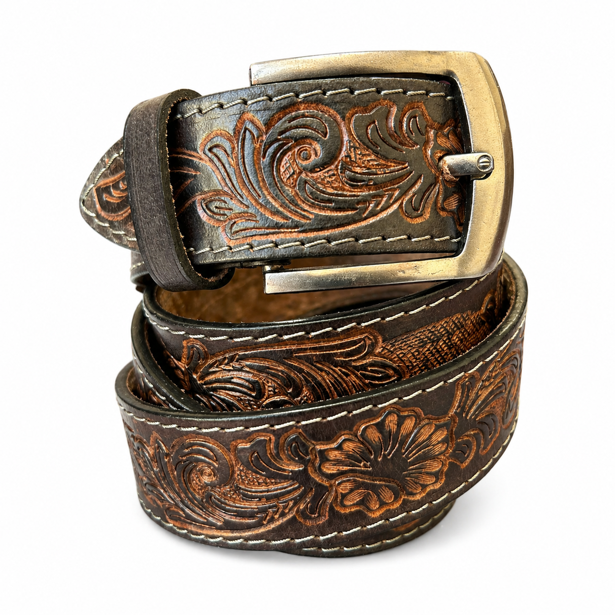 Premium Genuine Leather Belt Dual Tone Vintage Embossed Design with Antique Metal Buckle Durable Casual & Formal Waist Belt