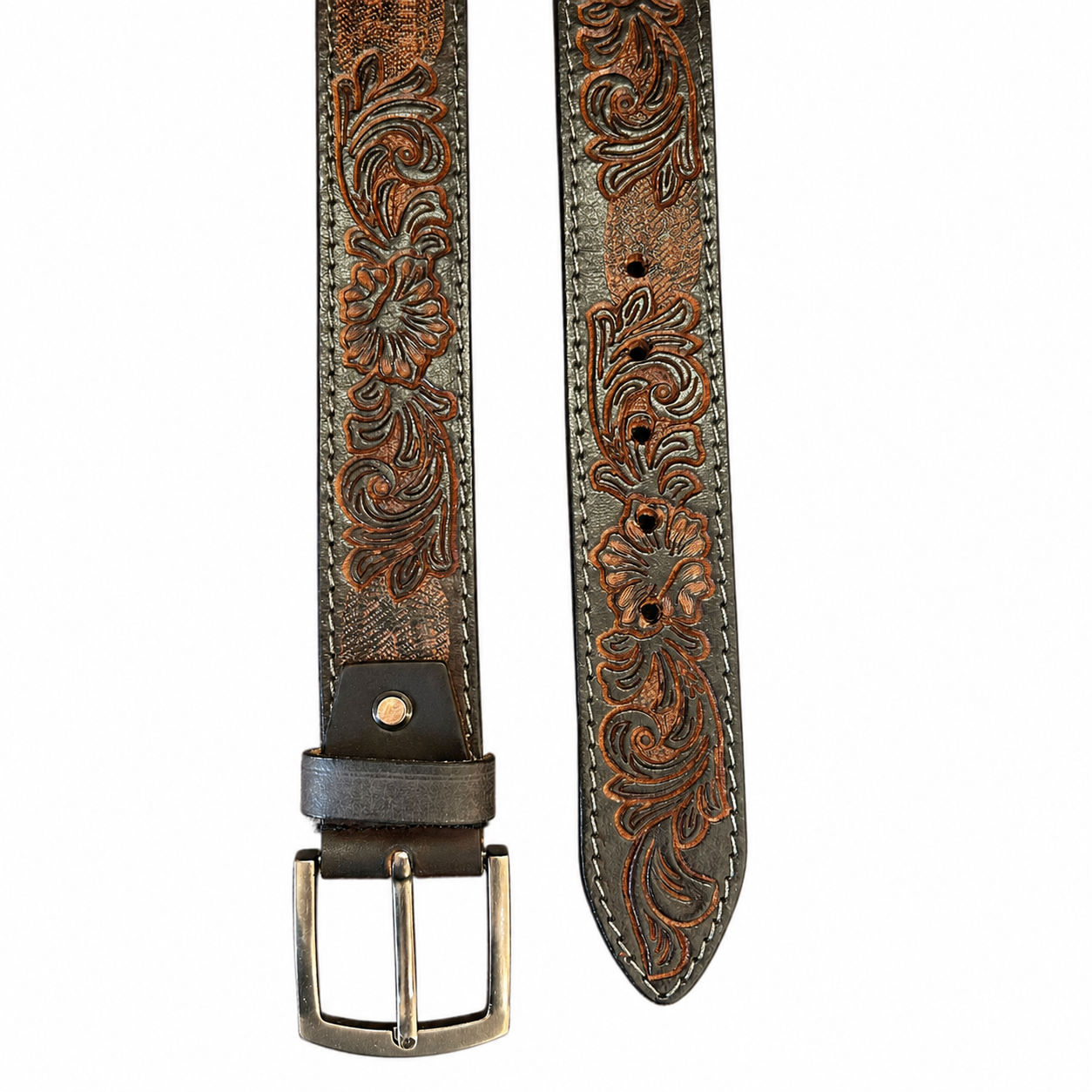 Premium Genuine Leather Belt Dual Tone Vintage Embossed Design with Antique Metal Buckle Durable Casual & Formal Waist Belt