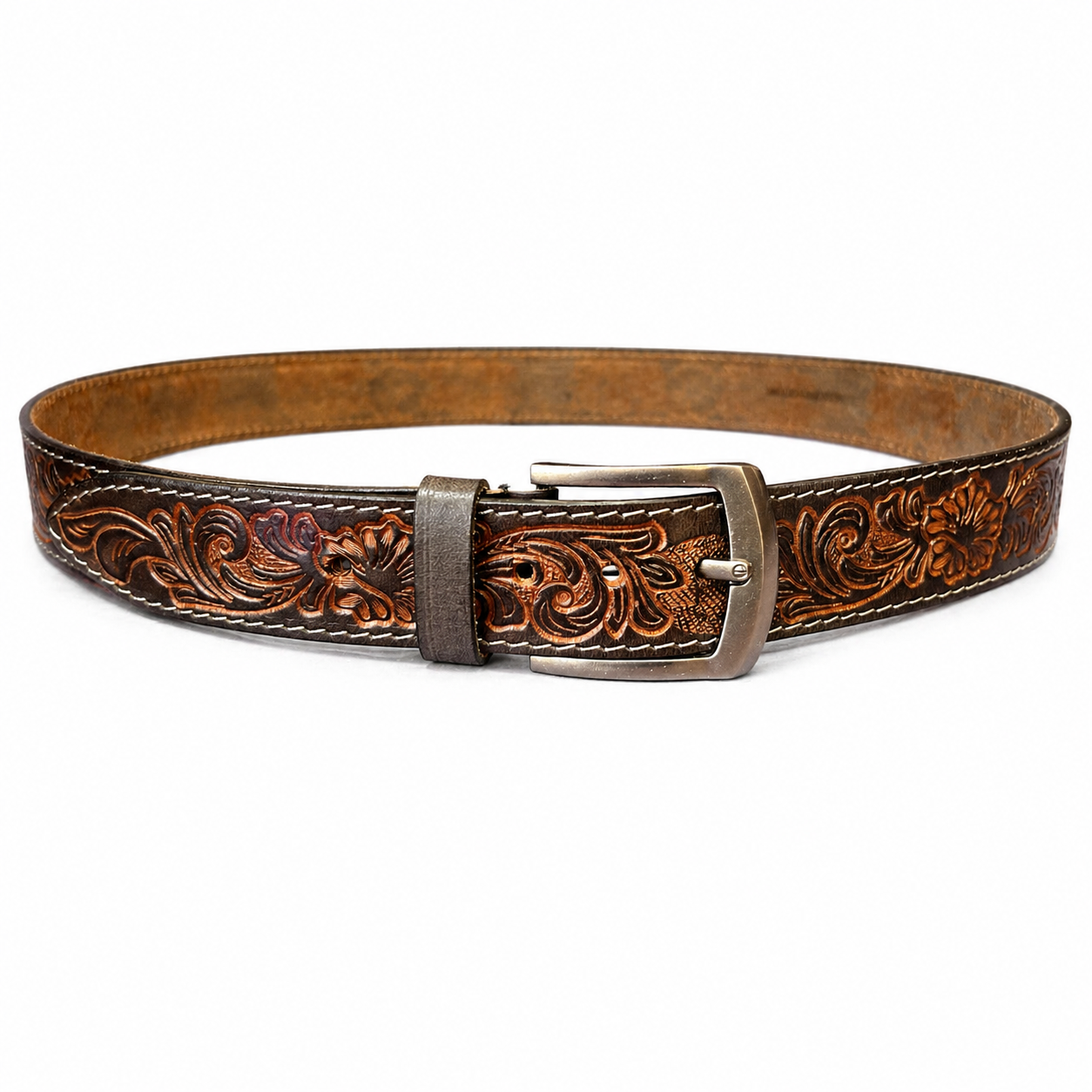 Premium Genuine Leather Belt Dual Tone Vintage Embossed Design with Antique Metal Buckle Durable Casual & Formal Waist Belt