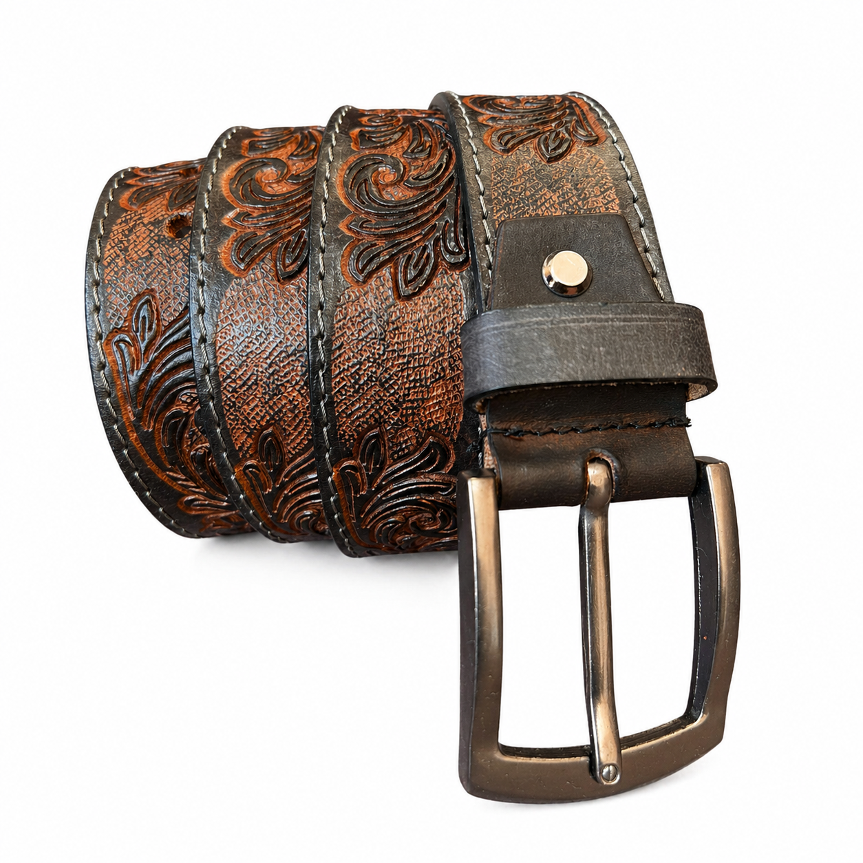 Premium Genuine Leather Belt Dual Tone Vintage Embossed Design with Antique Metal Buckle Durable Casual & Formal Waist Belt