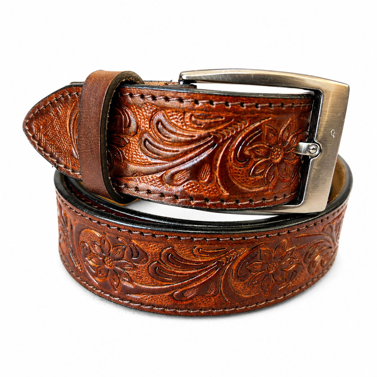 Premium Genuine Leather Belt Vintage Floral Embossed Brown Leather with Antique Buckle Handcrafted Casual & Formal Waist Belt