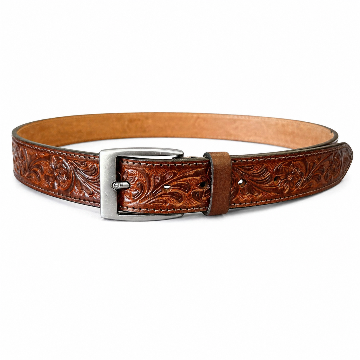 Premium Genuine Leather Belt Vintage Floral Embossed Brown Leather with Antique Buckle Handcrafted Casual & Formal Waist Belt