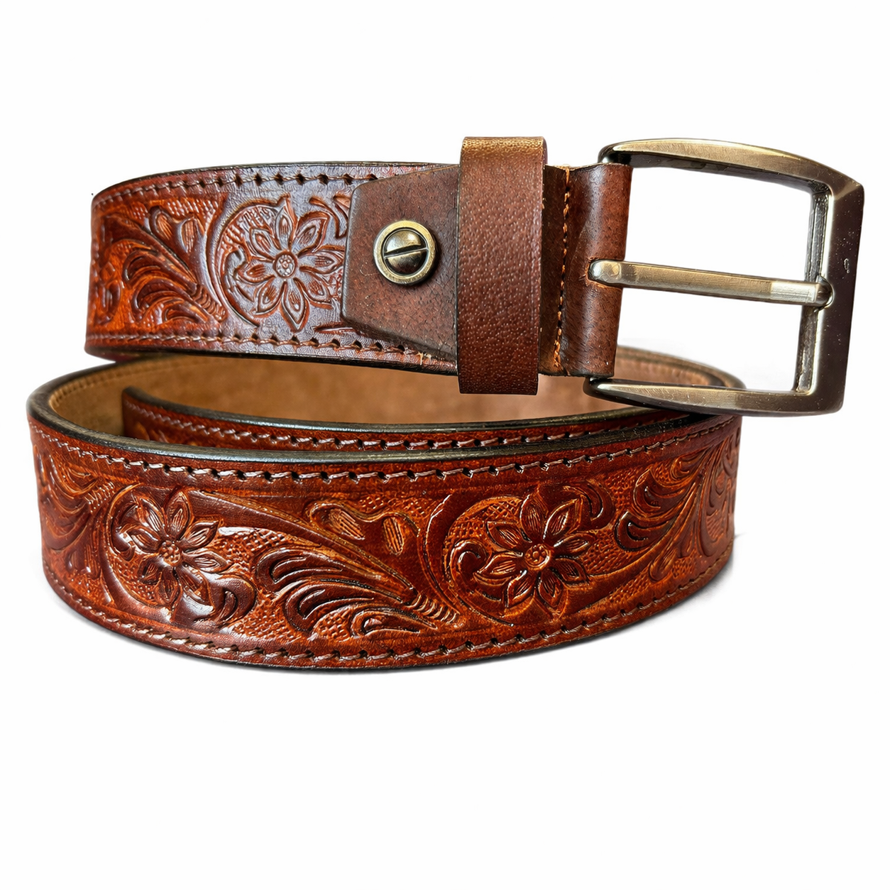 Premium Genuine Leather Belt Vintage Floral Embossed Brown Leather with Antique Buckle Handcrafted Casual & Formal Waist Belt