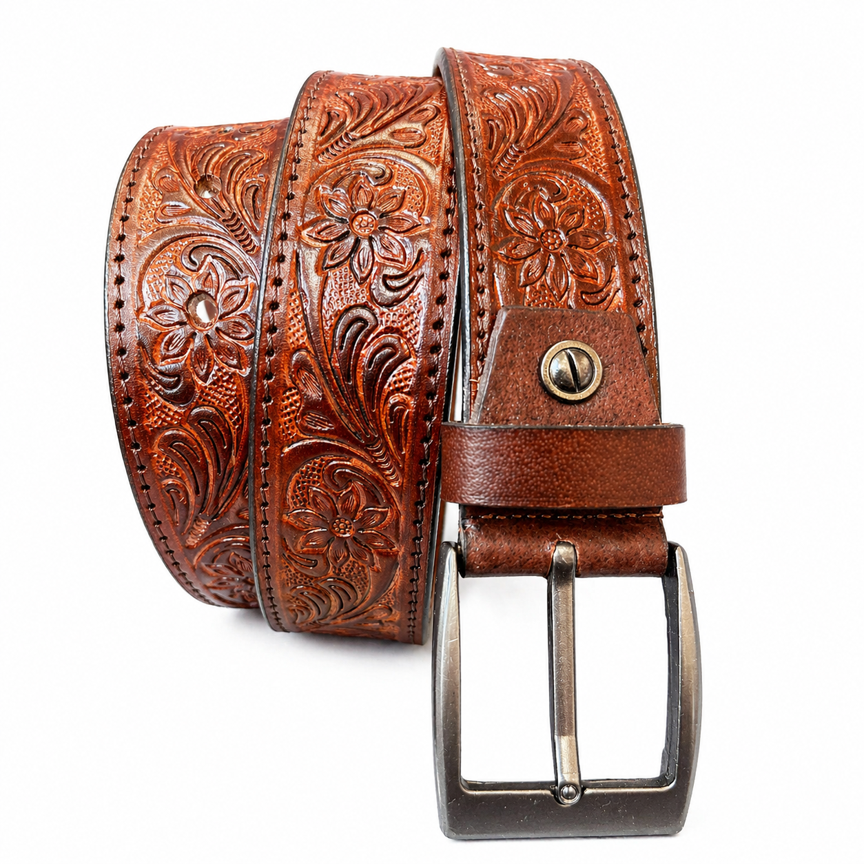 Premium Genuine Leather Belt Vintage Floral Embossed Brown Leather with Antique Buckle Handcrafted Casual & Formal Waist Belt