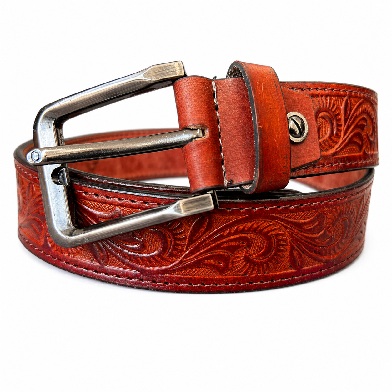 Unisex Genuine Leather Belt Vintage Embossed Design with Antique Buckle Casual & Formal Waist Belt