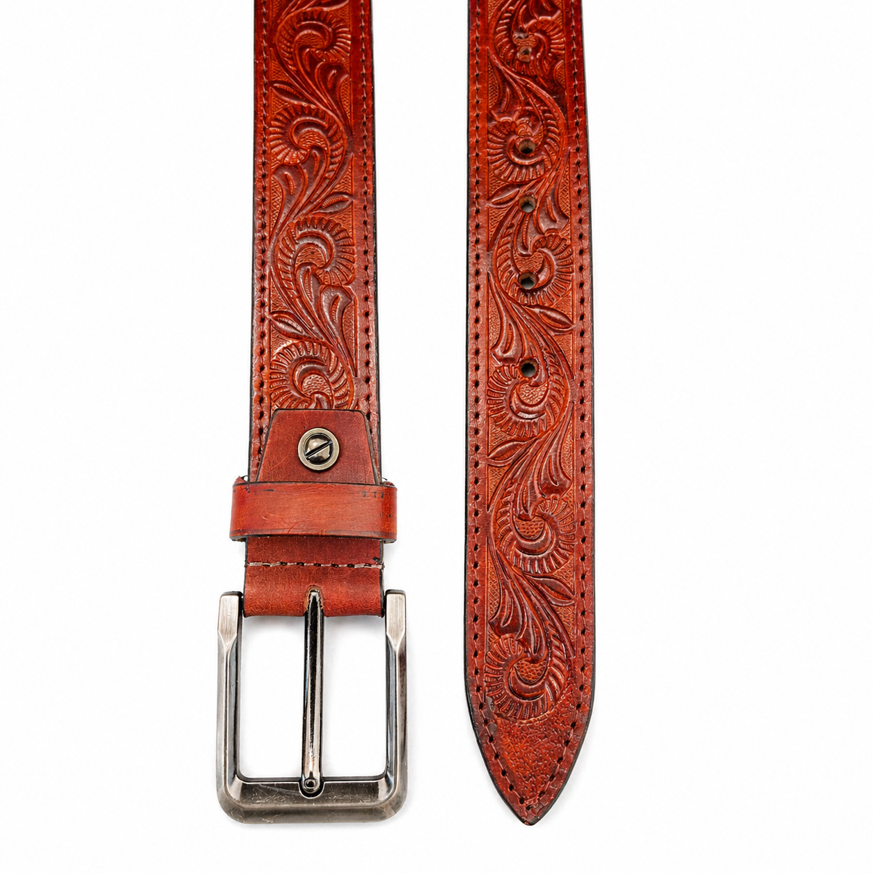 Unisex Genuine Leather Belt Vintage Embossed Design with Antique Buckle Casual & Formal Waist Belt