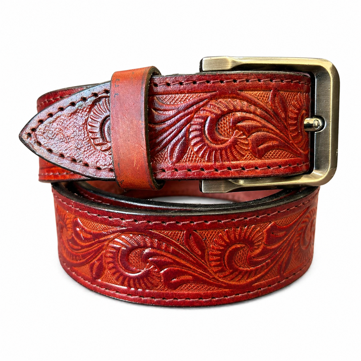 Unisex Genuine Leather Belt Vintage Embossed Design with Antique Buckle Casual & Formal Waist Belt