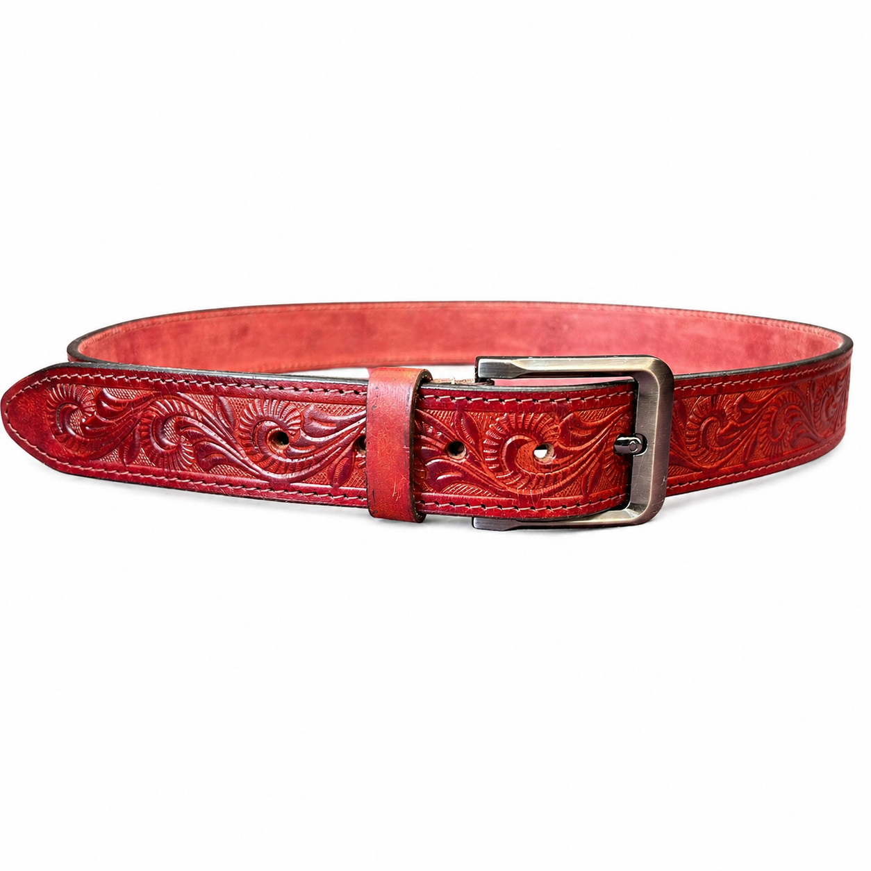 Unisex Genuine Leather Belt Vintage Embossed Design with Antique Buckle Casual & Formal Waist Belt