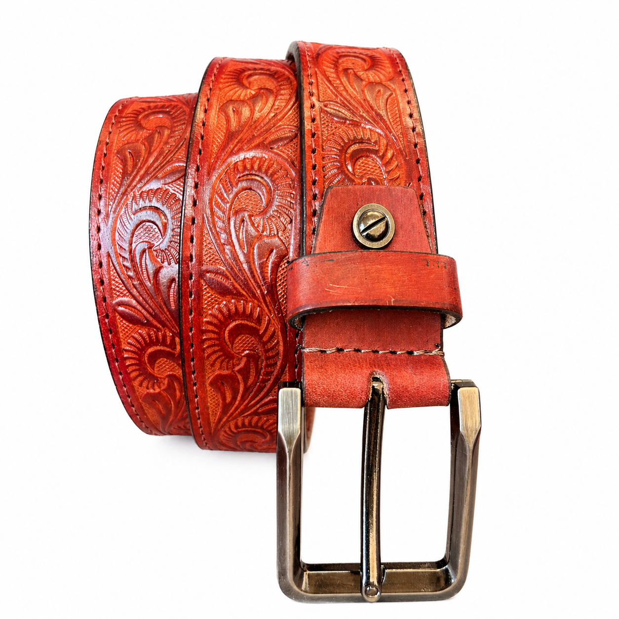 Unisex Genuine Leather Belt Vintage Embossed Design with Antique Buckle Casual & Formal Waist Belt