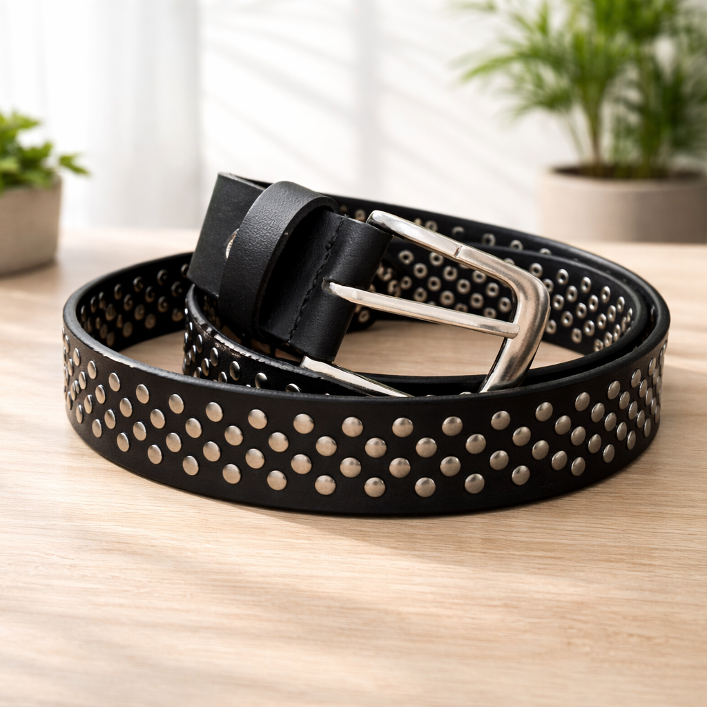 Unisex Black Studded Leather Belt Punk Rock Gothic Belt with Silver Rivets for Men & Women