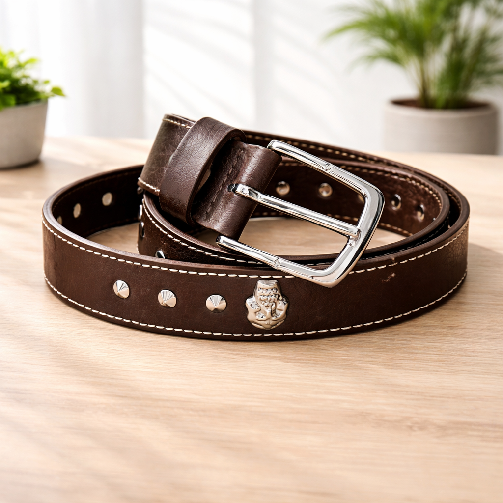 Unisex Brown Leather Stud Belt – Vintage Studded Leather Belt with Silver Buckle for Men & Women