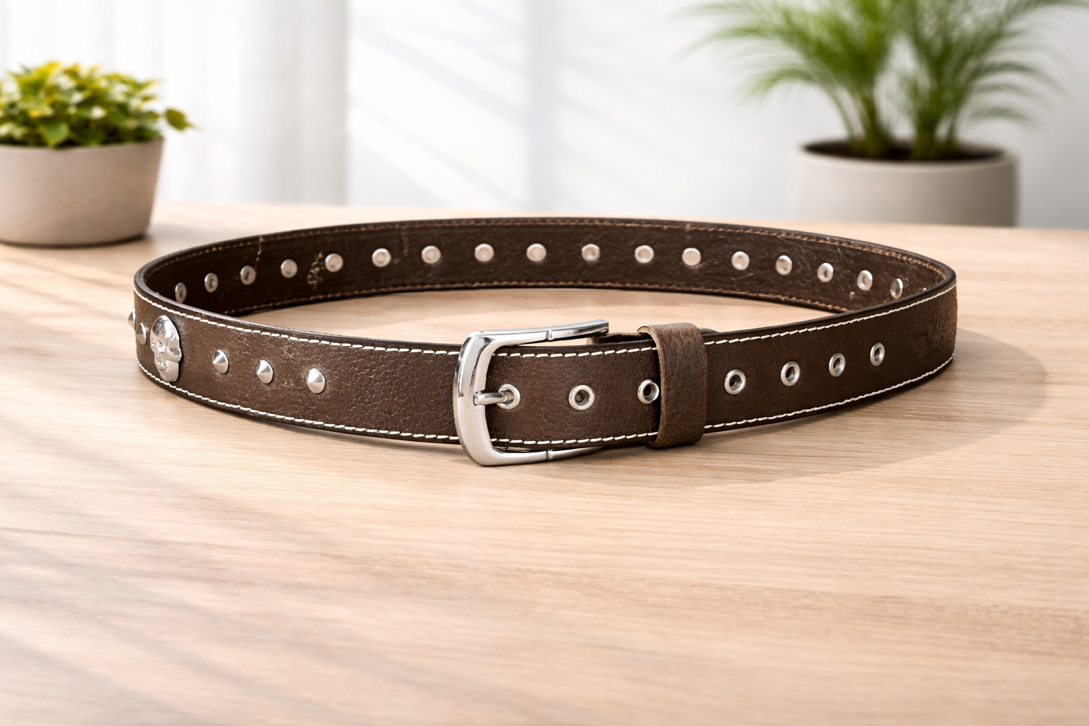 Unisex Brown Leather Stud Belt – Vintage Studded Leather Belt with Silver Buckle for Men & Women