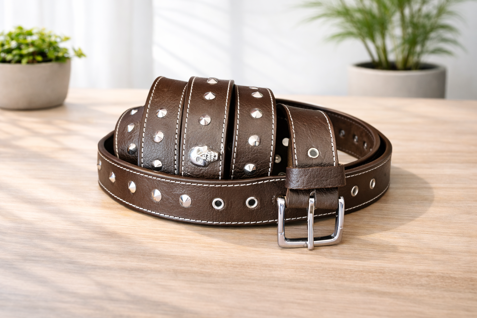Unisex Brown Leather Stud Belt – Vintage Studded Leather Belt with Silver Buckle for Men & Women