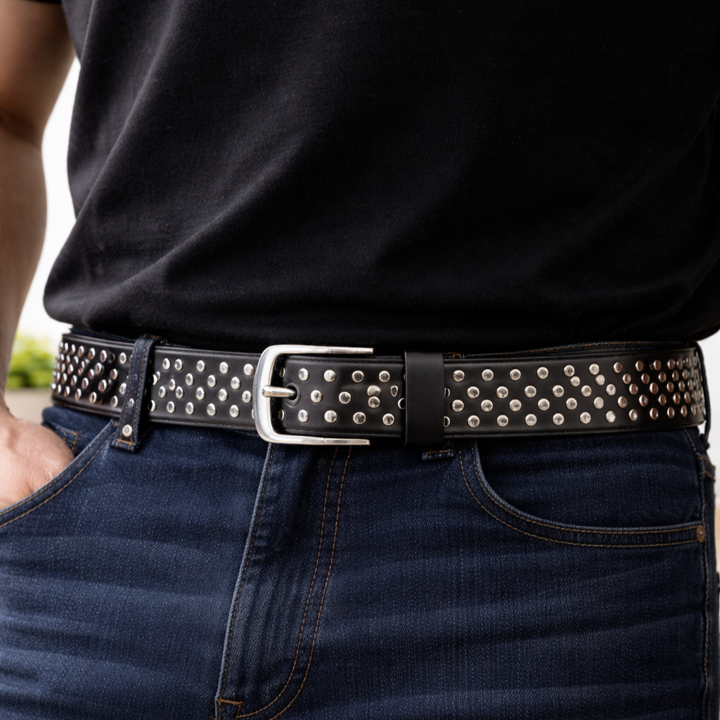 Unisex Black Studded Leather Belt Punk Rock Gothic Belt with Silver Rivets for Men & Women