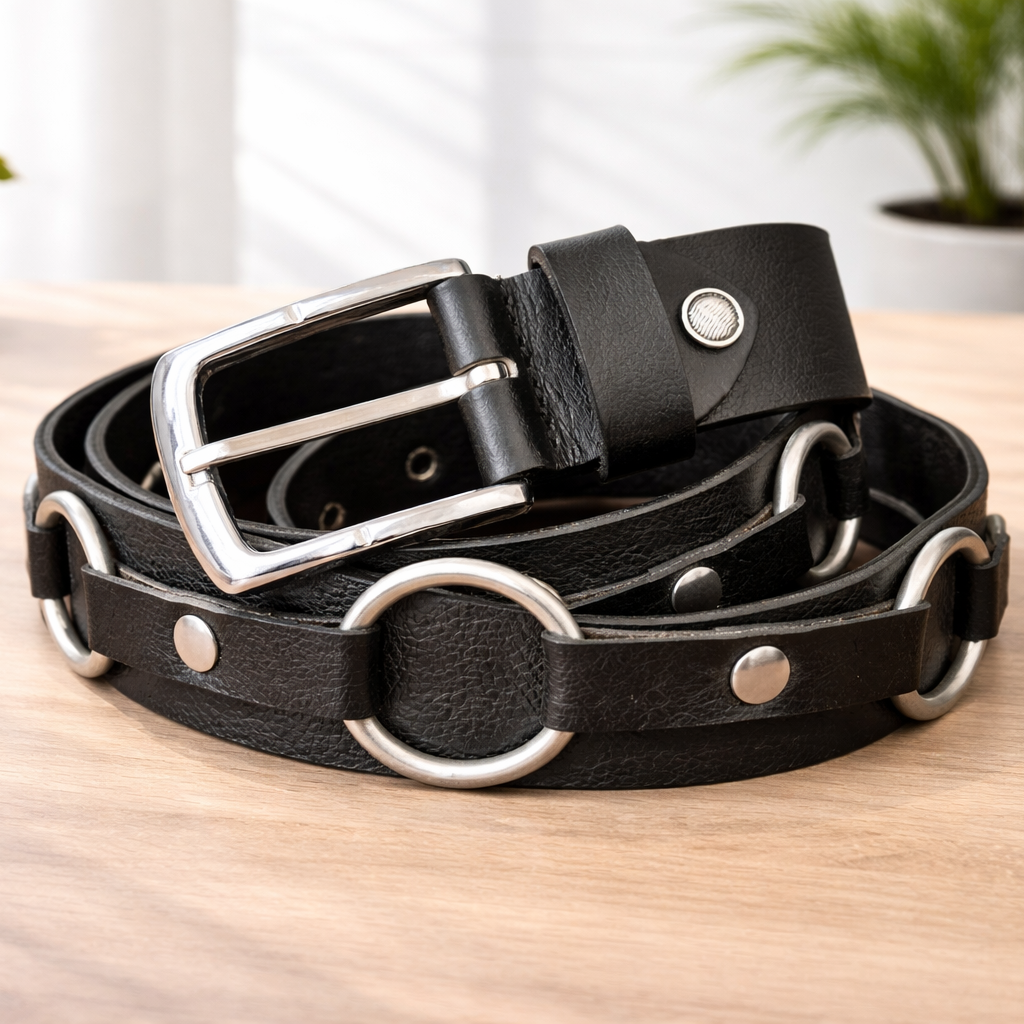 Unisex Black Leather Ring Belt – Punk Gothic O-Ring Belt with Silver Buckle for Men & Women