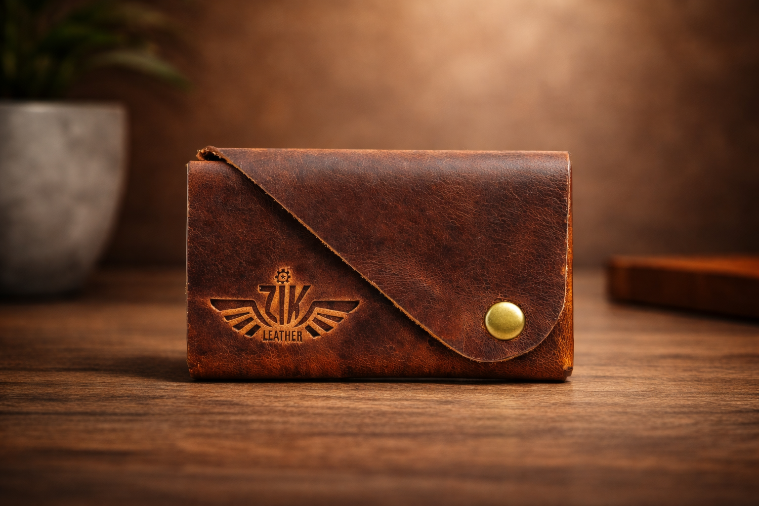 Unisex Premium Genuine Leather Envelope Wallet Vintage Handcrafted Card Holder Pouch with Button Closure Brown Minimal Wallet