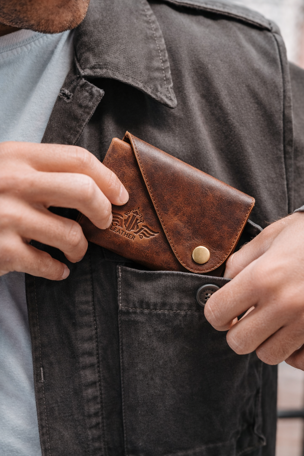 Unisex Premium Genuine Leather Envelope Wallet Vintage Handcrafted Card Holder Pouch with Button Closure Brown Minimal Wallet