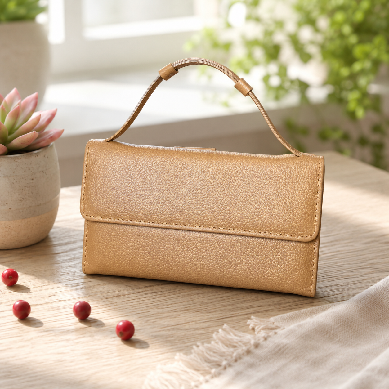Tan Leather Wallet for Women, Long Wallet, Card Holder Purse, Multi Compartment Clutch Wallet, Women's Gift