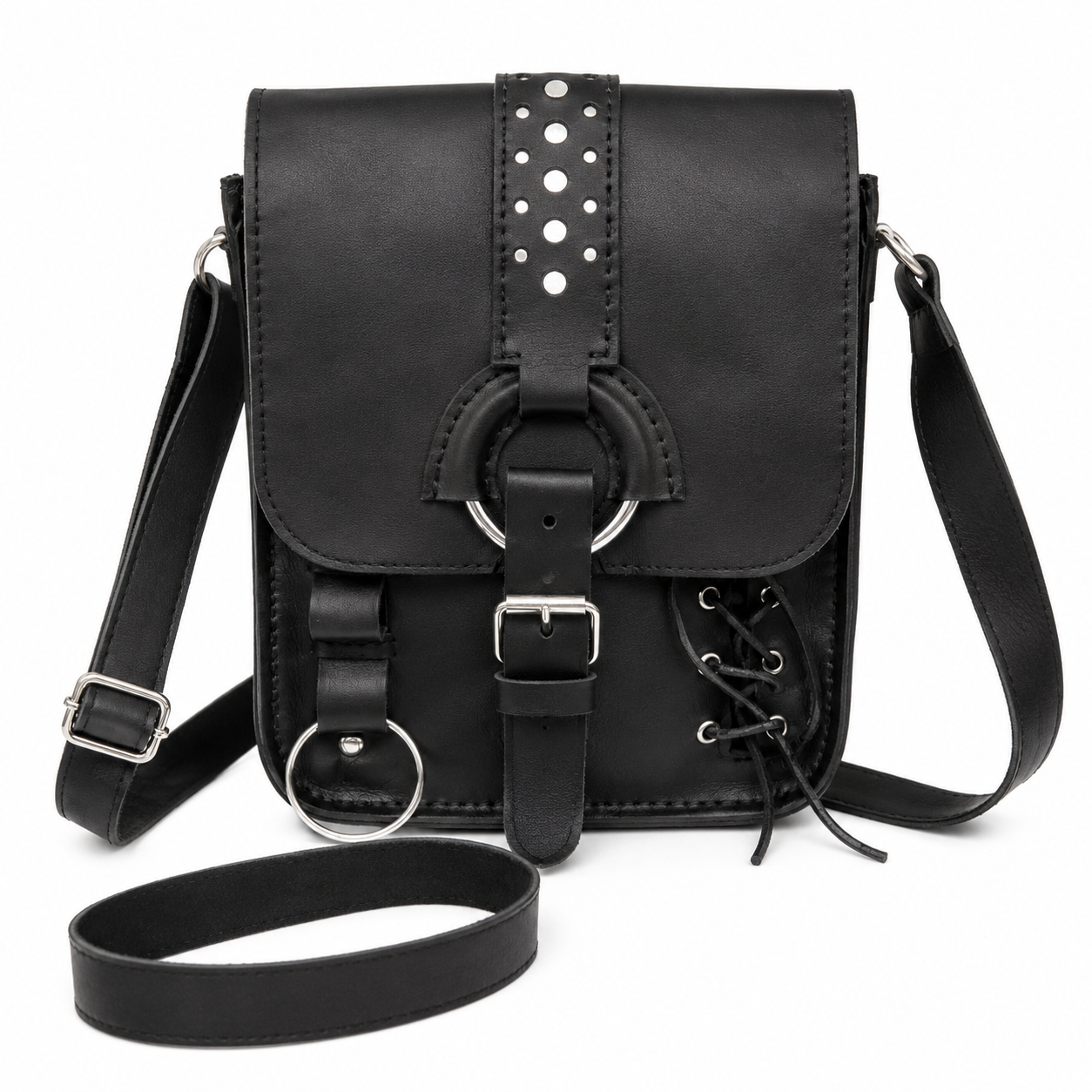 Black Crossbody Bag Punk Style Leather Shoulder Purse for Men & Women