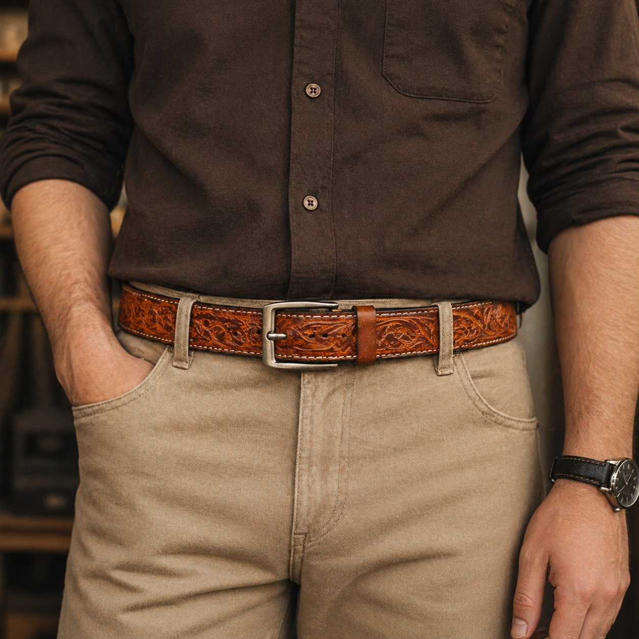 Premium Handcrafted Genuine Leather Belt Embossed Vintage Design Formal & Casual Wear