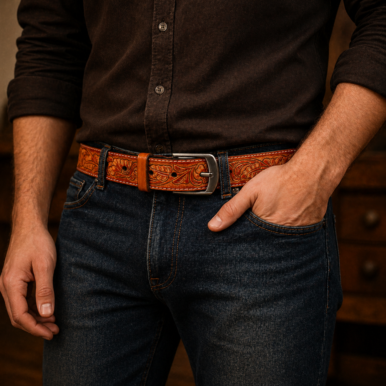 Premium Handcrafted Genuine Leather Belt Embossed Vintage Design Formal & Casual Wear