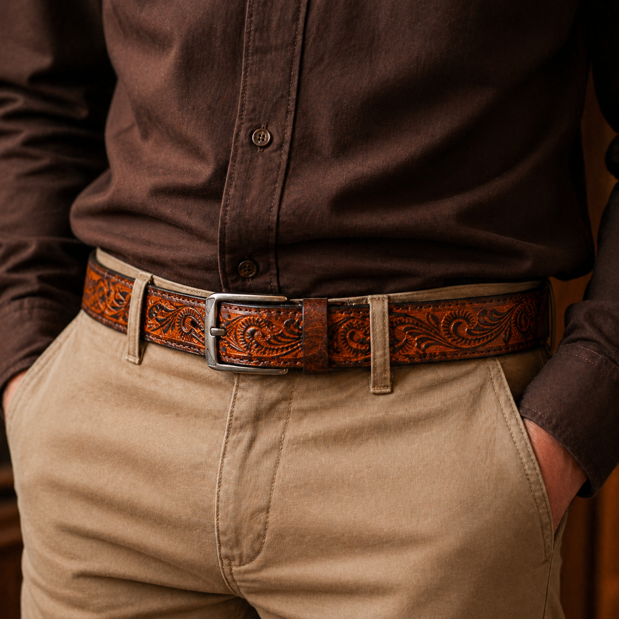 Premium Genuine Leather Belt Embossed Vintage Design Formal & Casual Wear