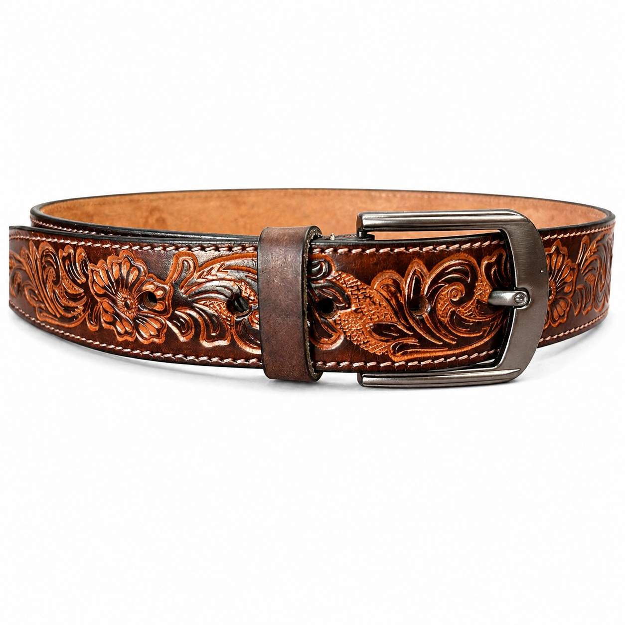 Handcrafted Genuine Leather Belt Vintage Floral Embossed Design Premium Brown Leather Strap with Heavy-Duty Metal Buckle