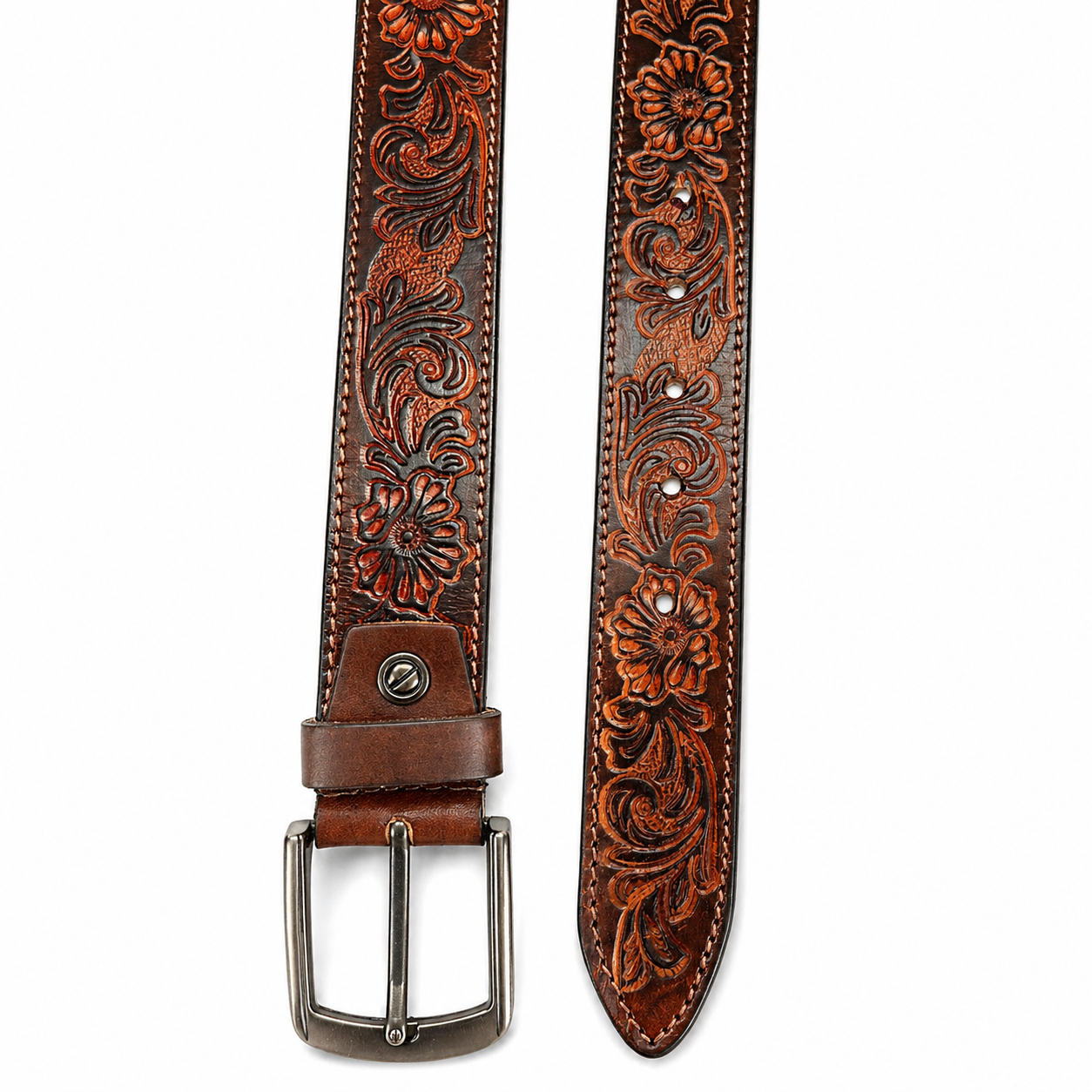 Handcrafted Genuine Leather Belt Vintage Floral Embossed Design Premium Brown Leather Strap with Heavy-Duty Metal Buckle