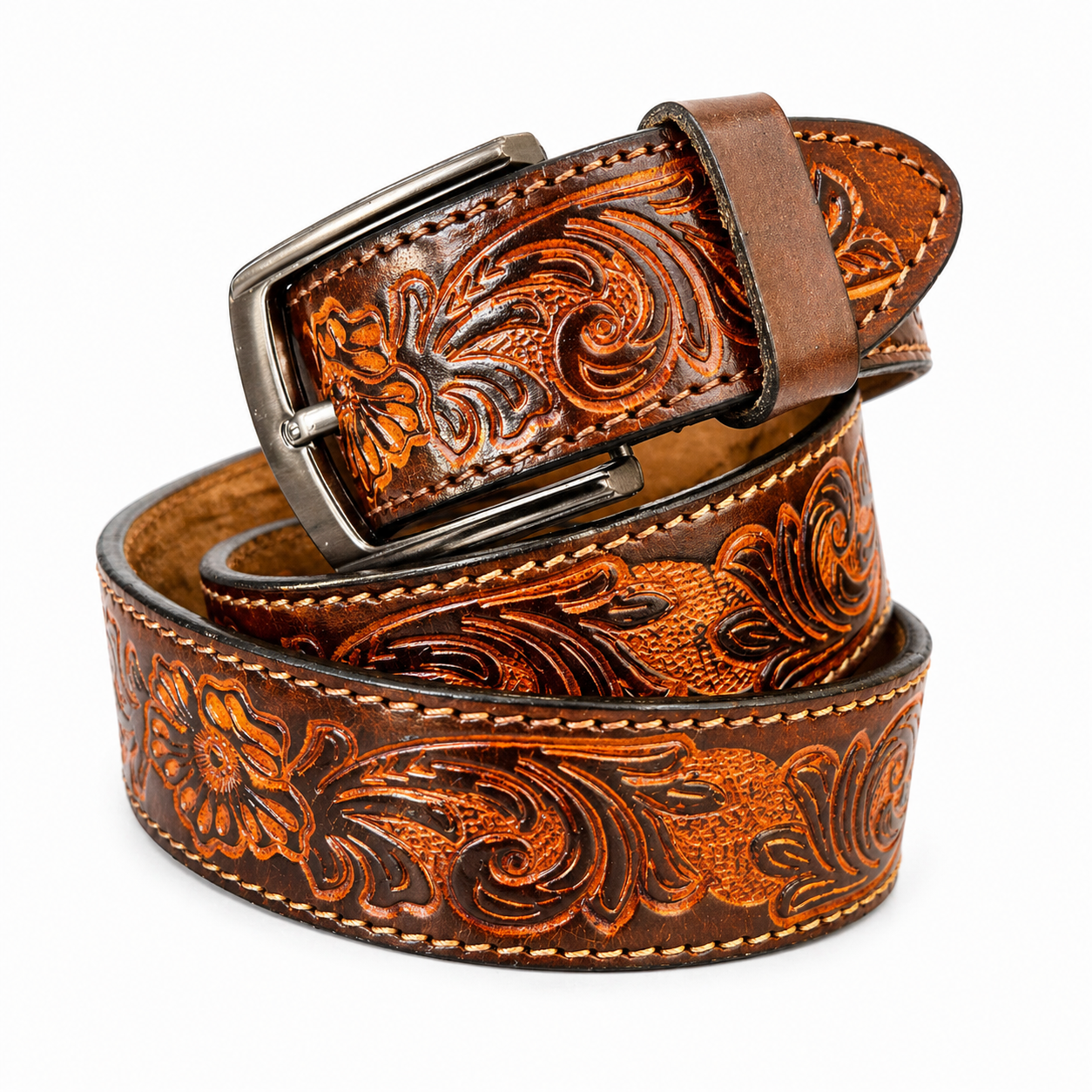 Handcrafted Genuine Leather Belt Vintage Floral Embossed Design Premium Brown Leather Strap with Heavy-Duty Metal Buckle