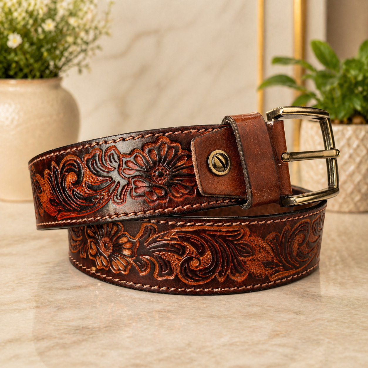 Handcrafted Genuine Leather Belt Vintage Floral Embossed Design Premium Brown Leather Strap with Heavy-Duty Metal Buckle