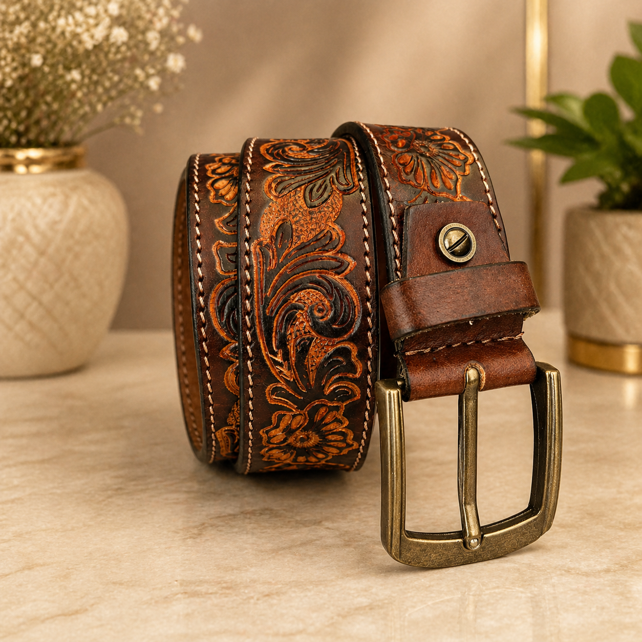 Handcrafted Genuine Leather Belt Vintage Floral Embossed Design Premium Brown Leather Strap with Heavy-Duty Metal Buckle