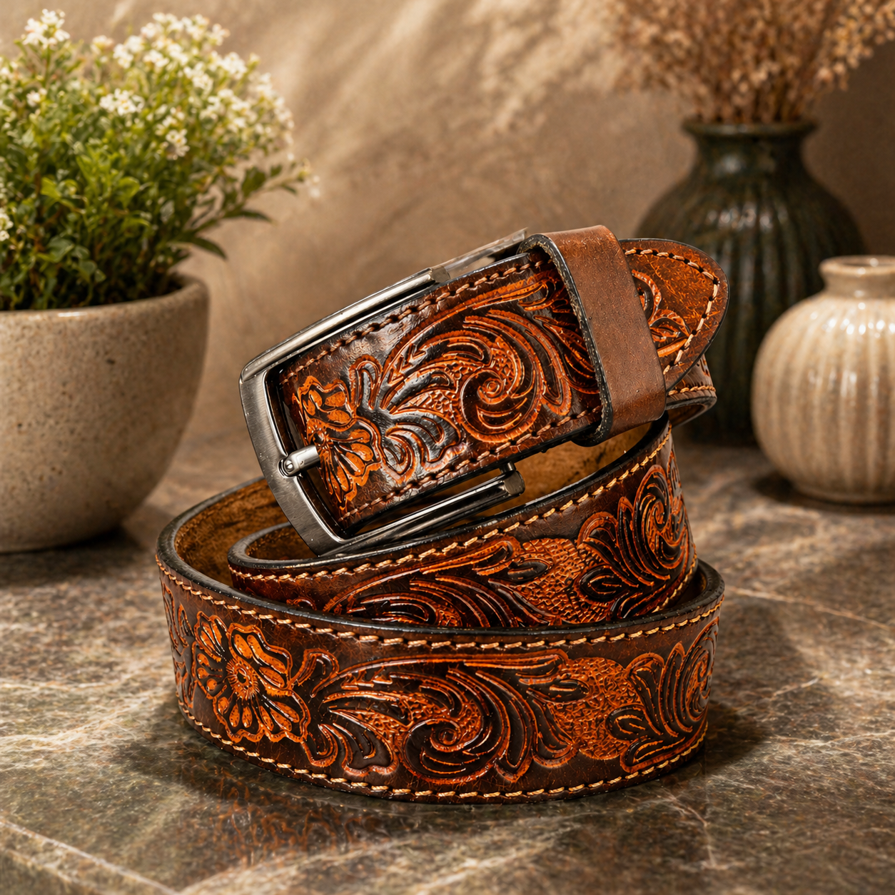 Handcrafted Genuine Leather Belt Vintage Floral Embossed Design Premium Brown Leather Strap with Heavy-Duty Metal Buckle
