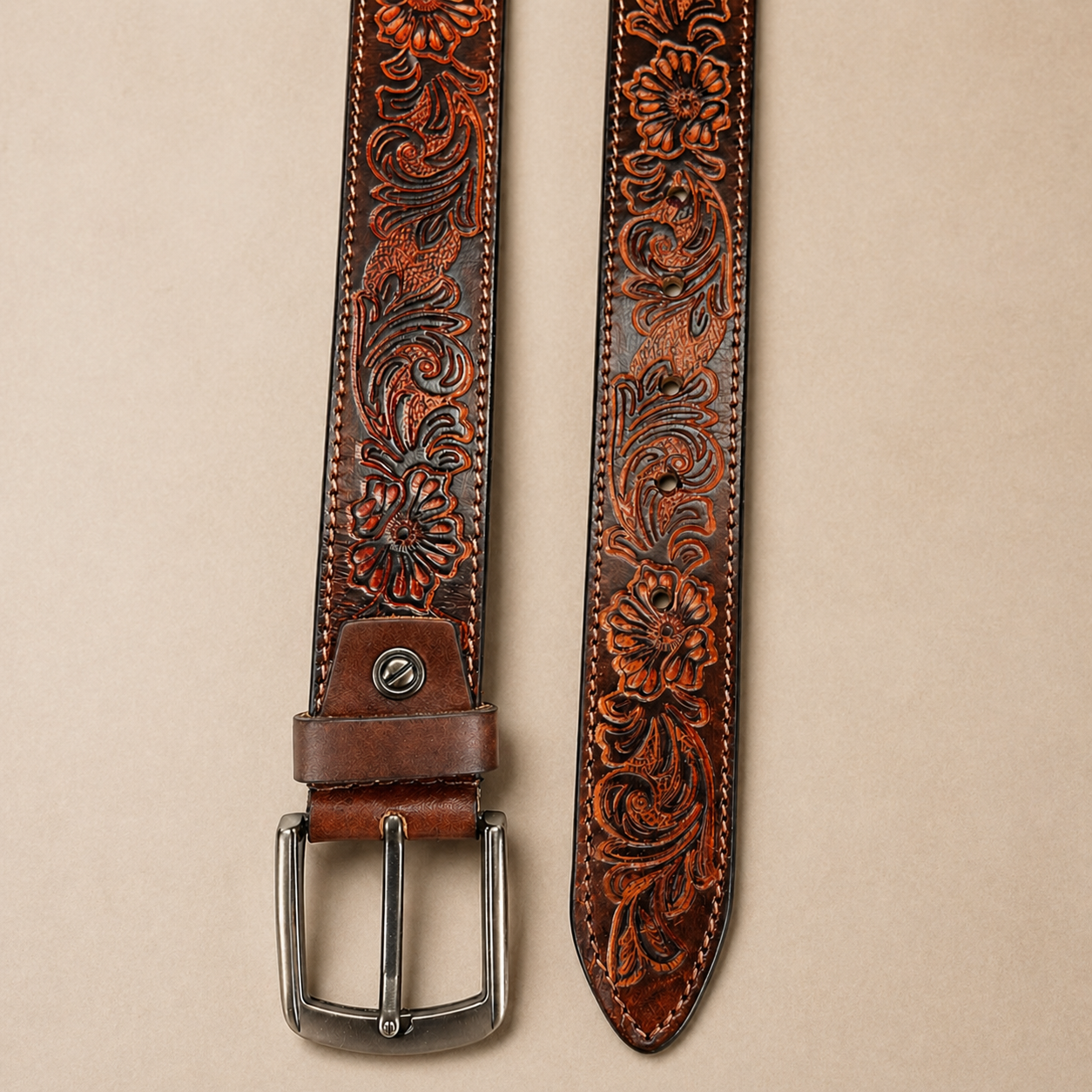 Handcrafted Genuine Leather Belt Vintage Floral Embossed Design Premium Brown Leather Strap with Heavy-Duty Metal Buckle