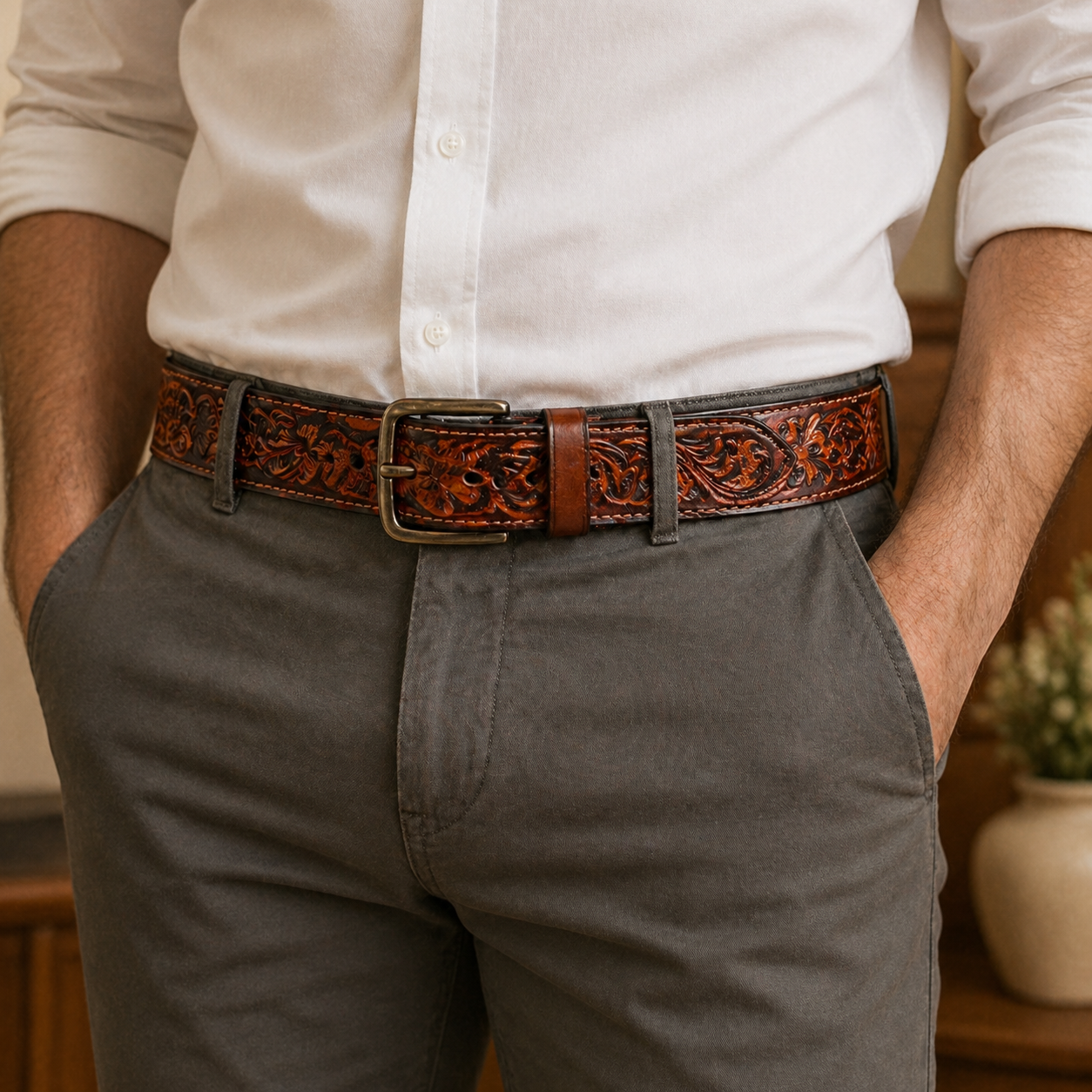 Handcrafted Genuine Leather Belt Vintage Floral Embossed Design Premium Brown Leather Strap with Heavy-Duty Metal Buckle
