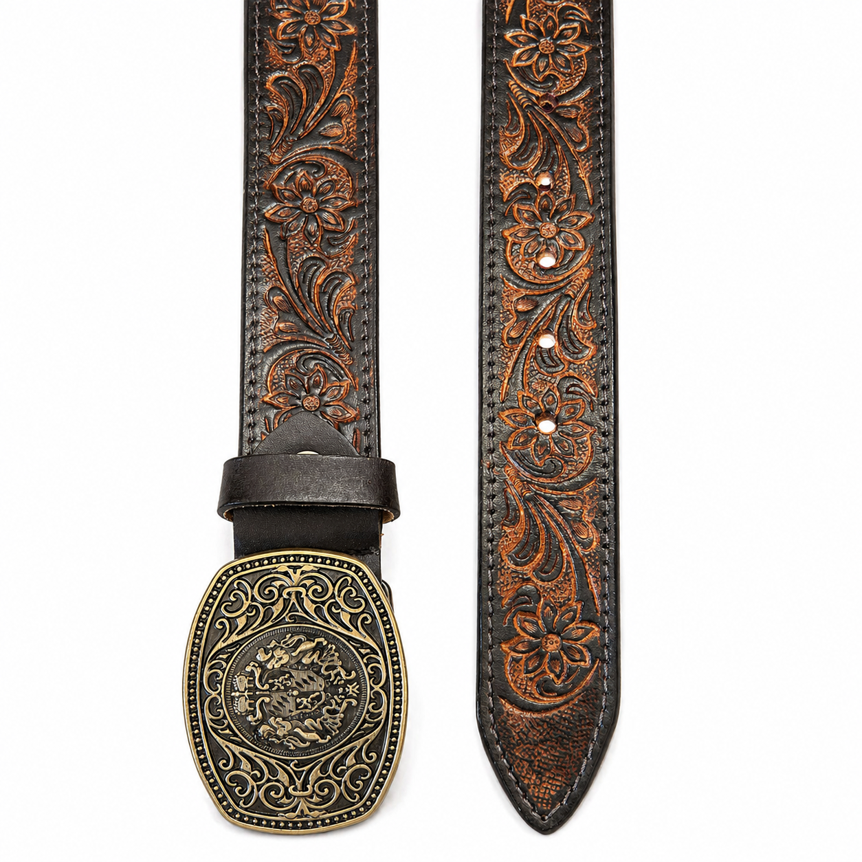 Unisex Luxury Genuine Leather Belt Vintage Embossed Floral Design with Antique Metal Designer Buckle Casual & Western Style Waist Belt