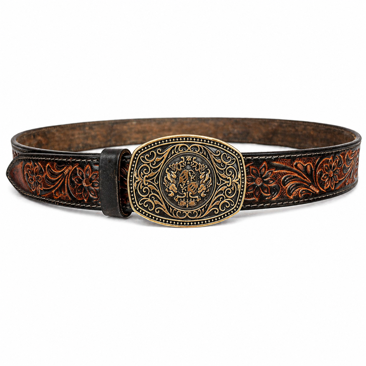 Unisex Luxury Genuine Leather Belt Vintage Embossed Floral Design with Antique Metal Designer Buckle Casual & Western Style Waist Belt