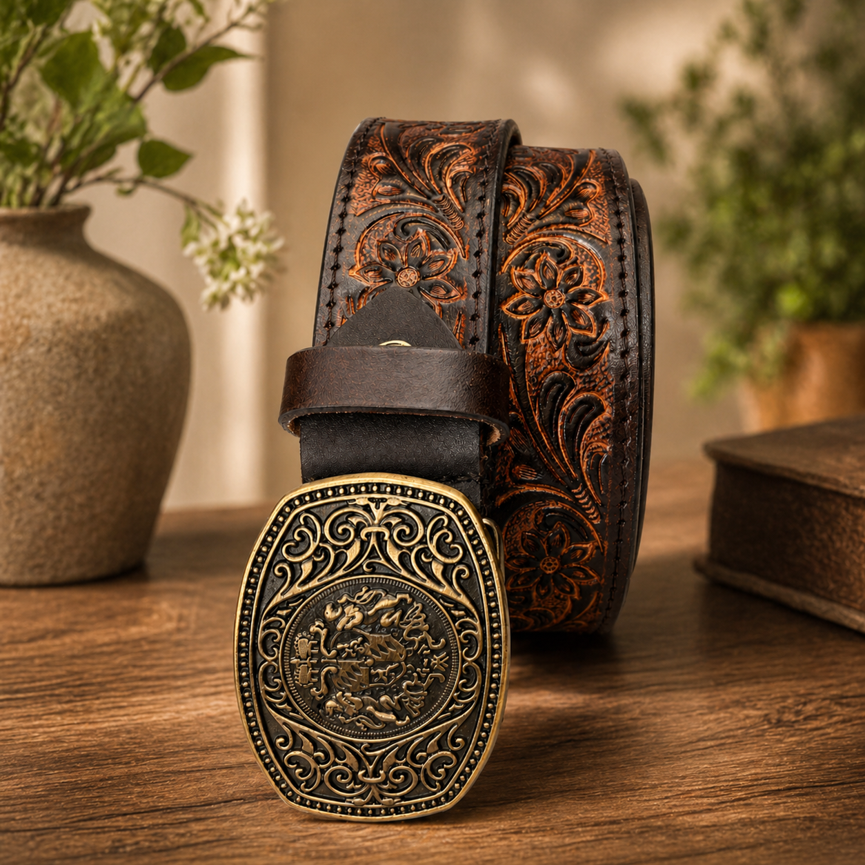 Unisex Luxury Genuine Leather Belt Vintage Embossed Floral Design with Antique Metal Designer Buckle Casual & Western Style Waist Belt