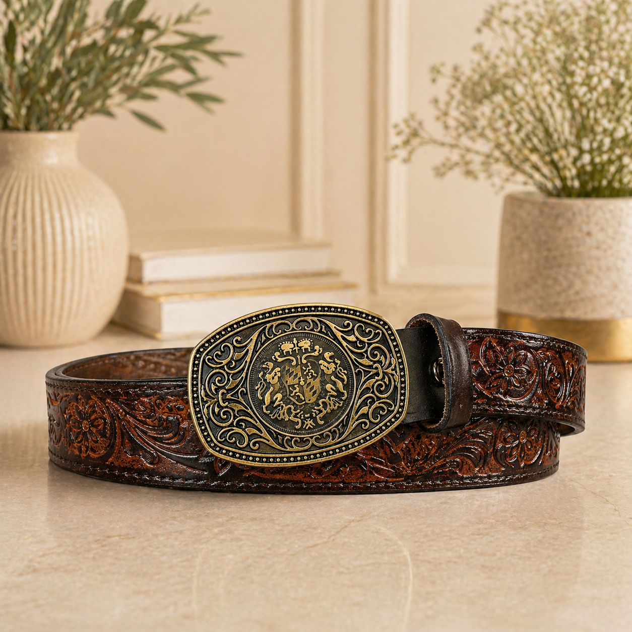 Unisex Luxury Genuine Leather Belt Vintage Embossed Floral Design with Antique Metal Designer Buckle Casual & Western Style Waist Belt