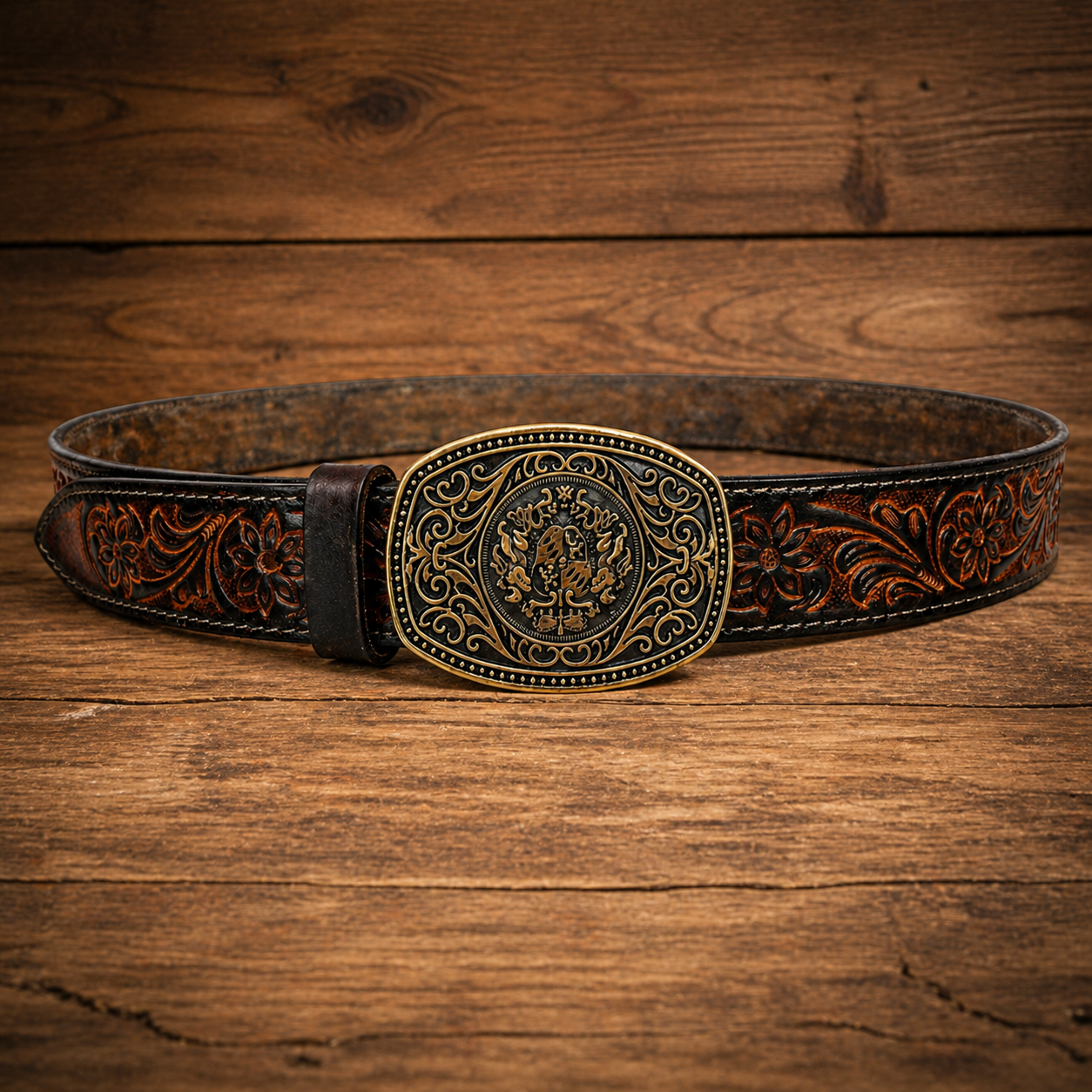 Unisex Luxury Genuine Leather Belt Vintage Embossed Floral Design with Antique Metal Designer Buckle Casual & Western Style Waist Belt