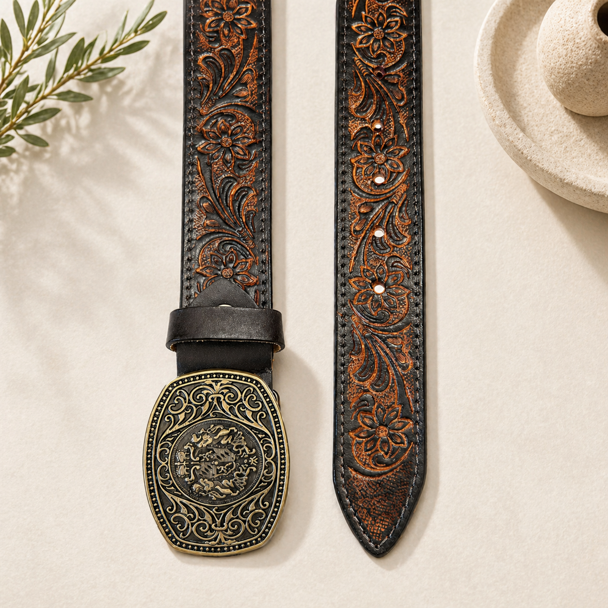 Unisex Luxury Genuine Leather Belt Vintage Embossed Floral Design with Antique Metal Designer Buckle Casual & Western Style Waist Belt