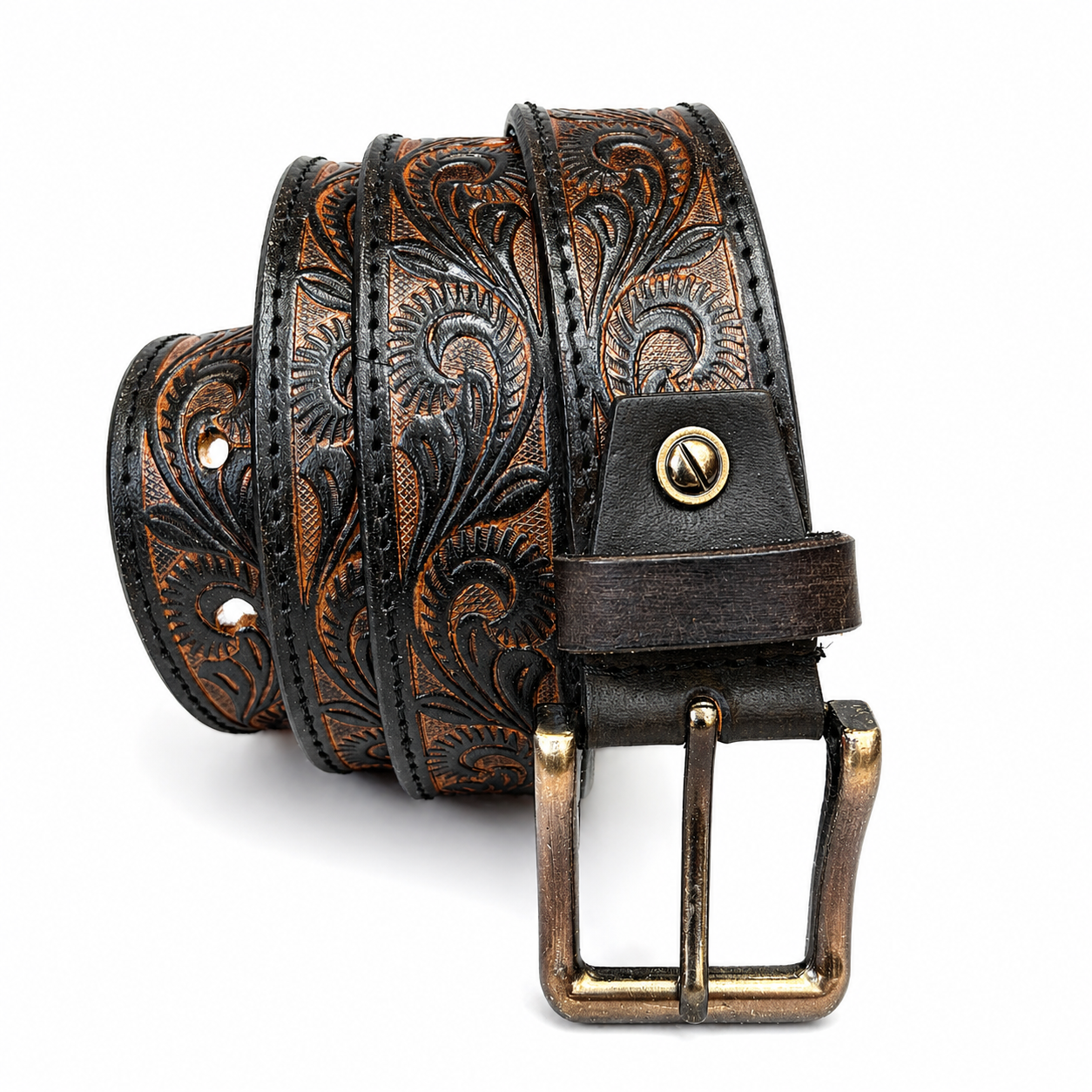 Unisex Genuine Leather Belt Vintage Handcrafted Embossed Design with Antique Brass Buckle | Durable Casual & Formal Waist Belt
