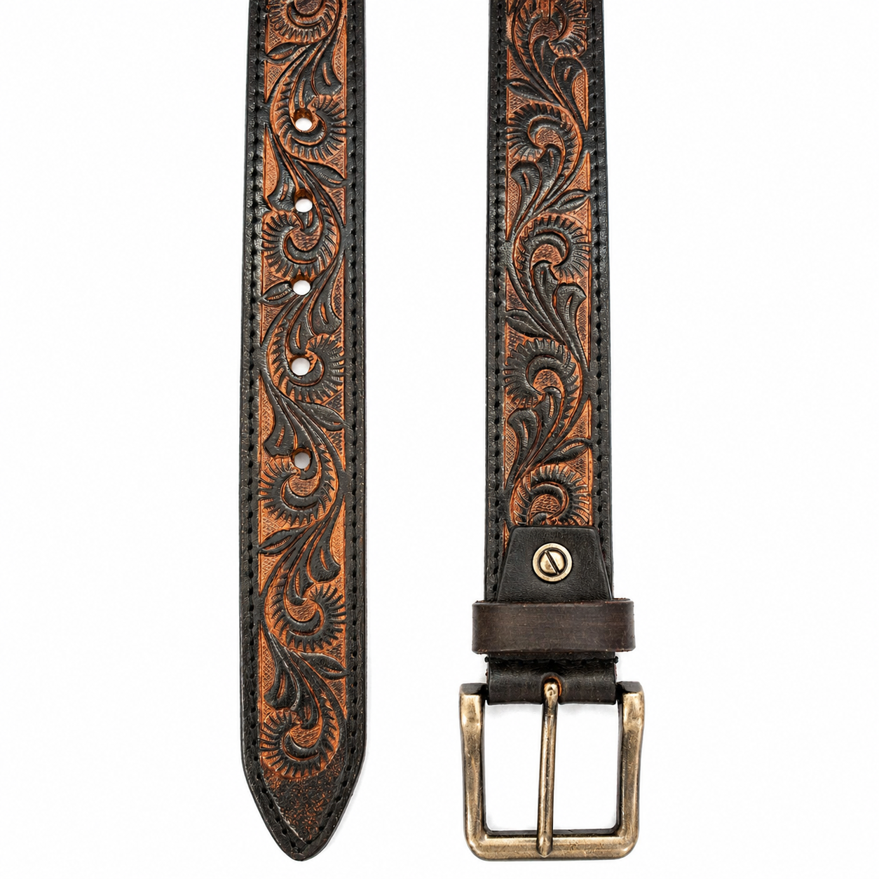 Unisex Genuine Leather Belt Vintage Handcrafted Embossed Design with Antique Brass Buckle | Durable Casual & Formal Waist Belt
