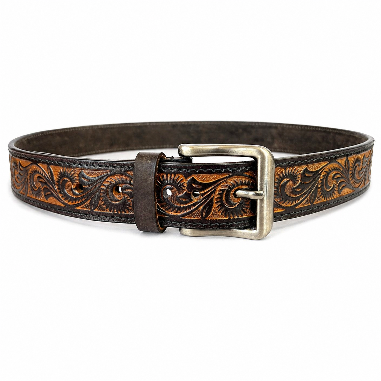 Unisex Genuine Leather Belt Vintage Handcrafted Embossed Design with Antique Brass Buckle | Durable Casual & Formal Waist Belt