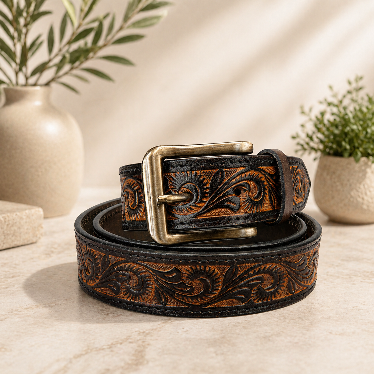 Unisex Genuine Leather Belt Vintage Handcrafted Embossed Design with Antique Brass Buckle | Durable Casual & Formal Waist Belt